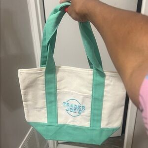 Trader Joe's Mini Cream & Mint Canvas Tote Bag